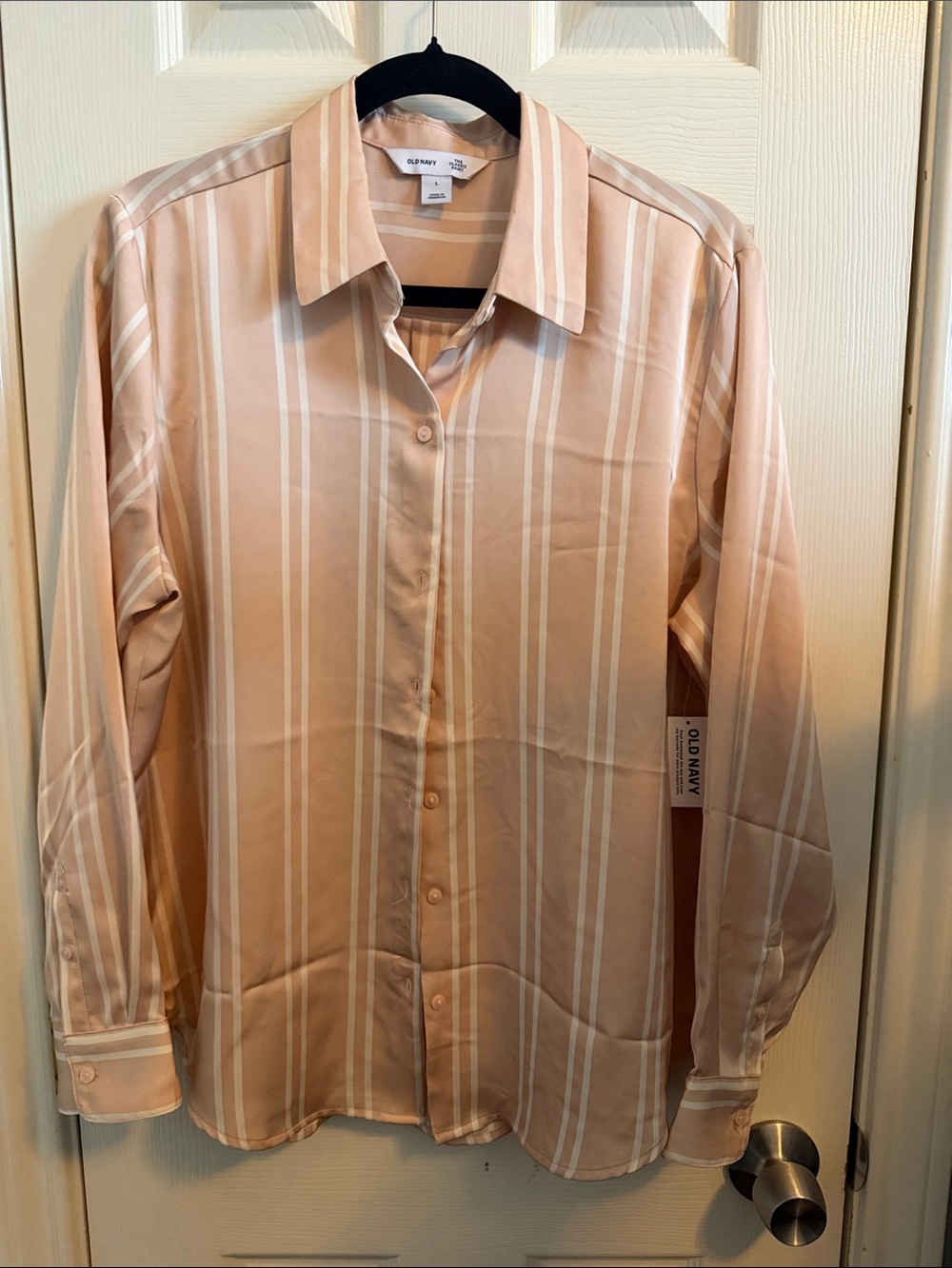 Old Navy Women’s Pale Peach and White Striped Button-Up Shirt
